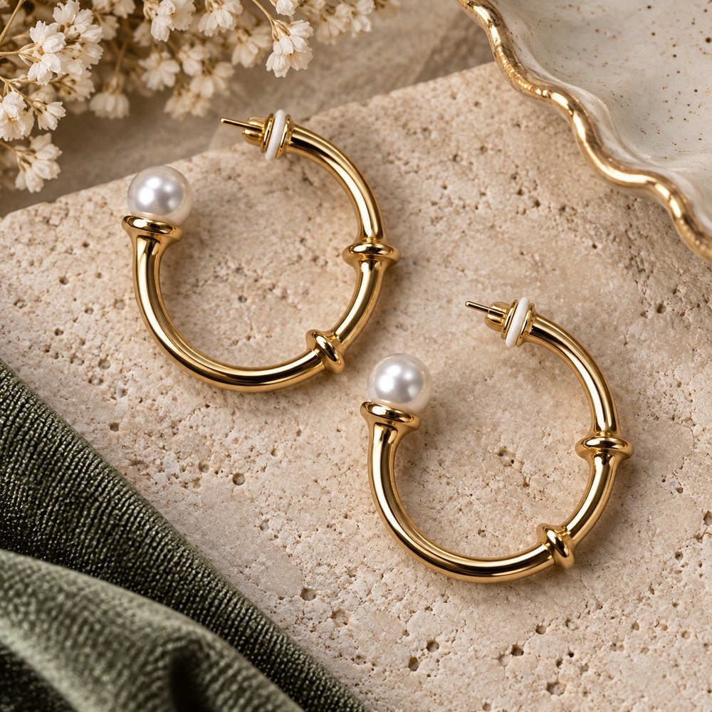 Ettika Revolve Gold Hoop Earrings Shiny Faux Pearl at End Mnimalist Organic NWT
